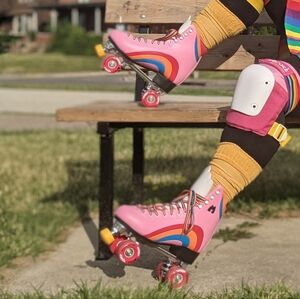 Colorful Pink Roller Skates with Rainbow Design